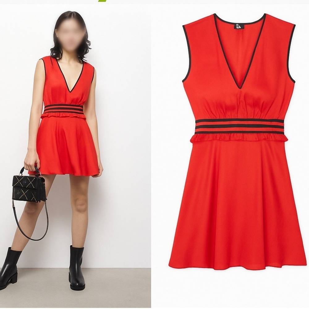 The Kooples Dress‎ Size 8 Red Mini V Neck Sleeveless Ruffle